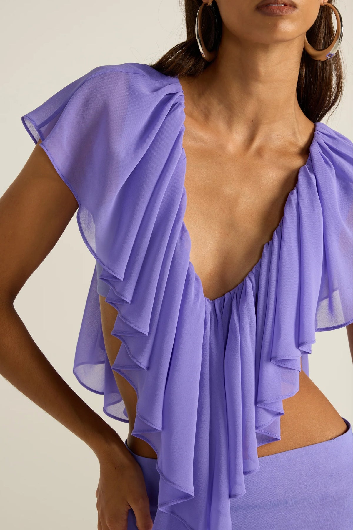 Ance Gria Clover Top & Mini Skirt Set in Periwinkle, close-up front detail of ruffle bodice, designer two-piece set hire Adelaide Australia