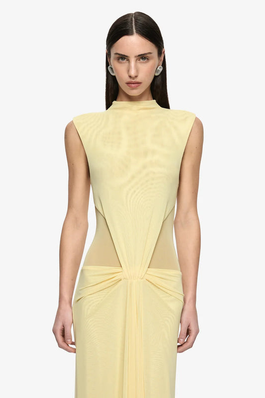 Bec & Bridge Odea Gathered Maxi Dress in Lemon Cream, alternate front view, formal dress hire Adelaide Australia