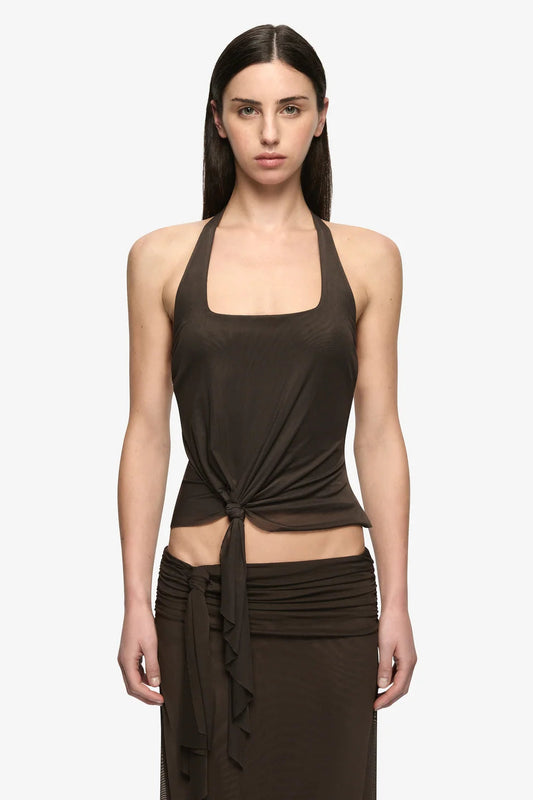 Bec & Bridge Olyssia Knot Halter Top & Skirt Set in Bitter Choc, alternate front view, co-ord set hire Adelaide Australia