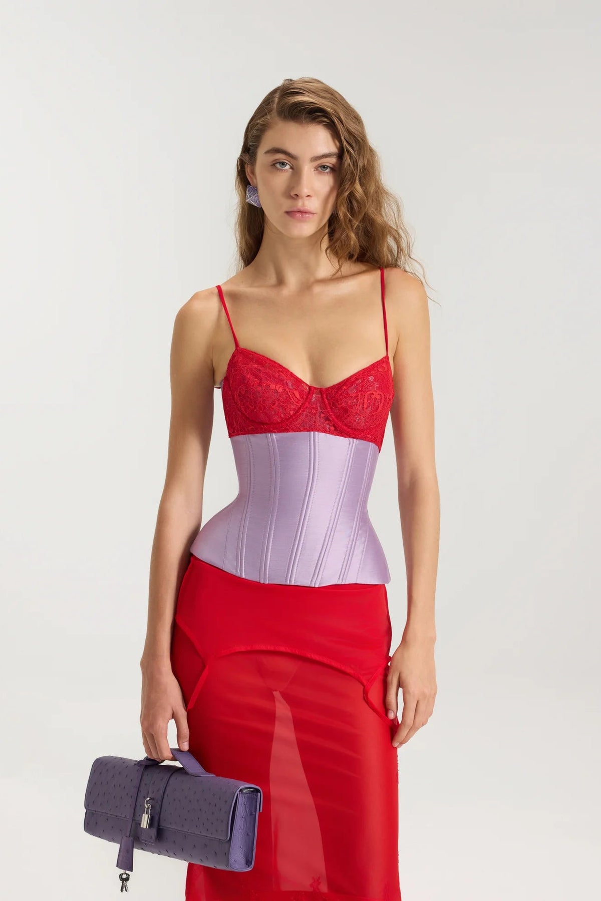 Fancì Club Uncladding Bustier Corset in Purple-Red, flat lay, designer corset rental Adelaide Australia