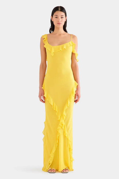 Venroy Asymmetric Low Back Silk Ruffle Dress Yellow Gold