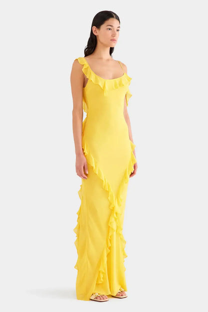 Venroy Asymmetric Low Back Silk Ruffle Dress Yellow Gold