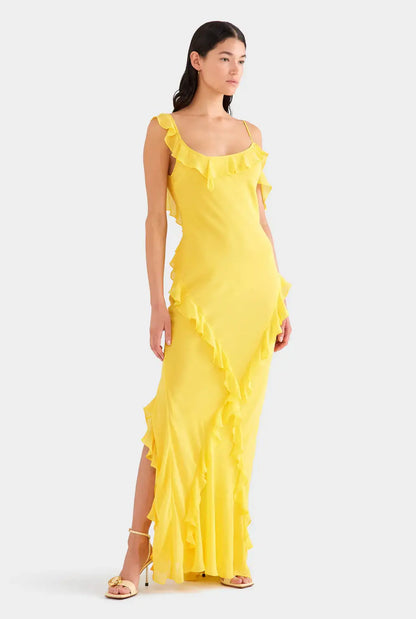 Venroy Asymmetric Low Back Silk Ruffle Dress Yellow Gold