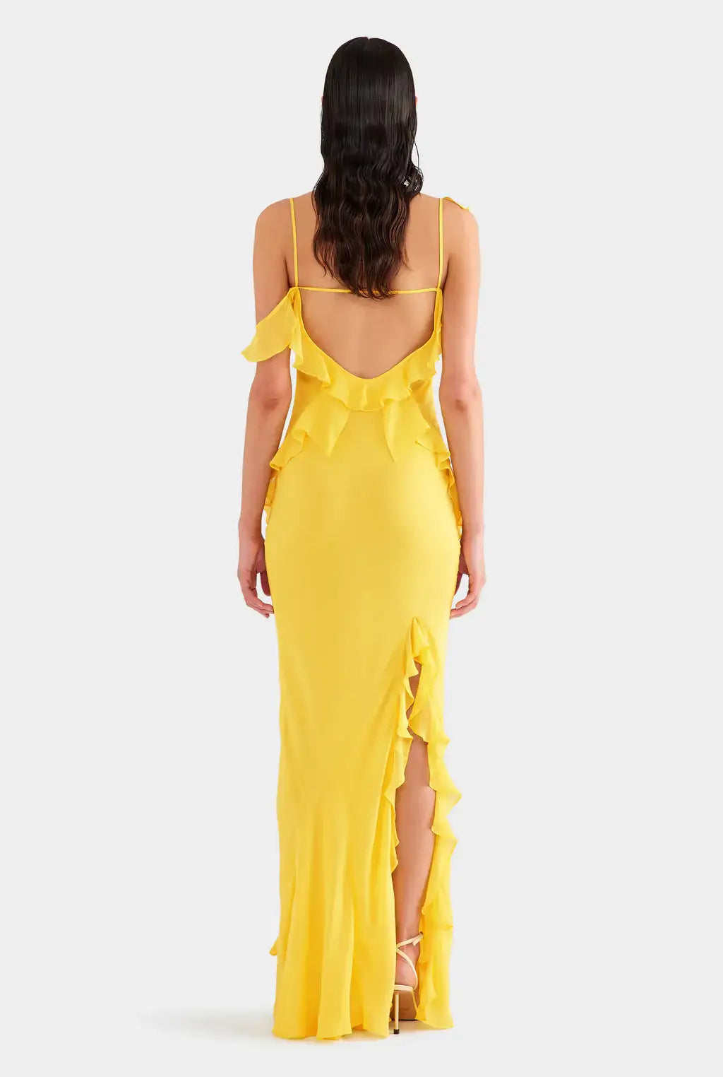 Venroy Asymmetric Low Back Silk Ruffle Dress Yellow Gold