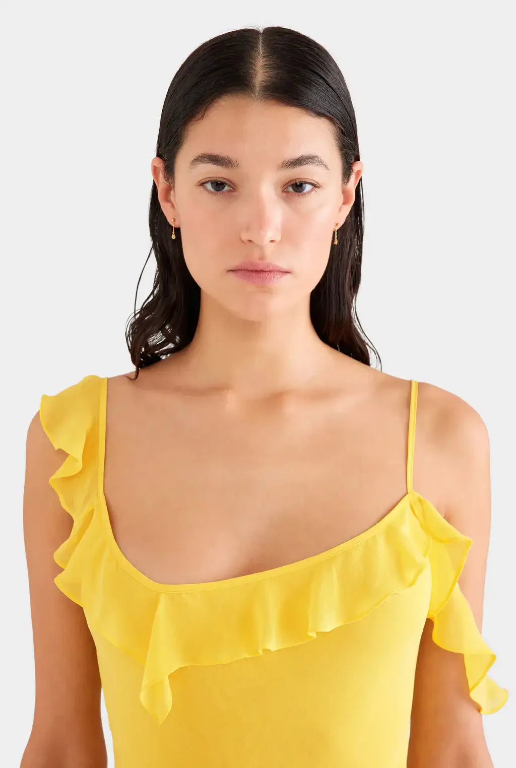 Venroy Asymmetric Low Back Silk Ruffle Dress Yellow Gold