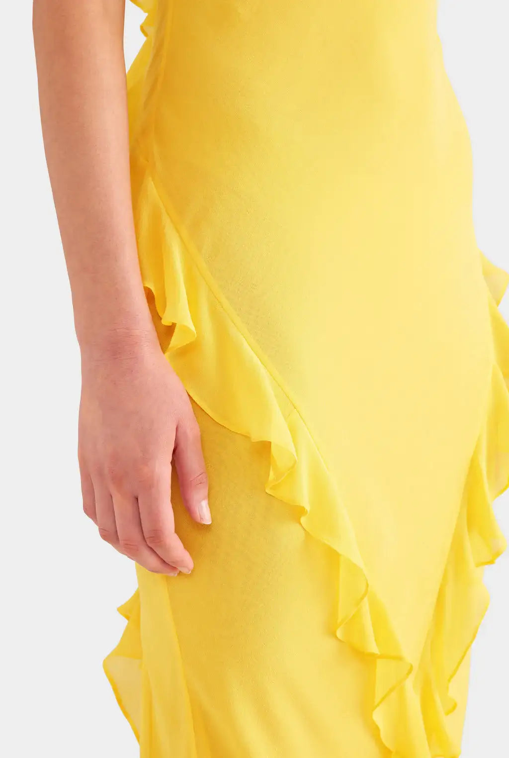 Venroy Asymmetric Low Back Silk Ruffle Dress Yellow Gold