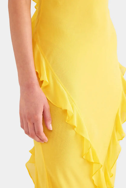 Venroy Asymmetric Low Back Silk Ruffle Dress Yellow Gold