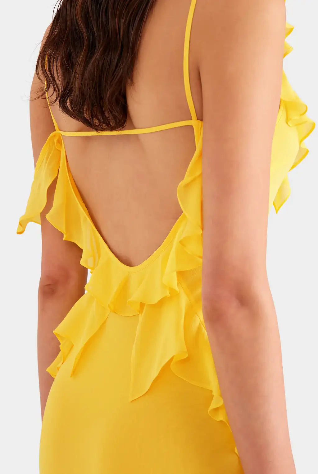 Venroy Asymmetric Low Back Silk Ruffle Dress Yellow Gold