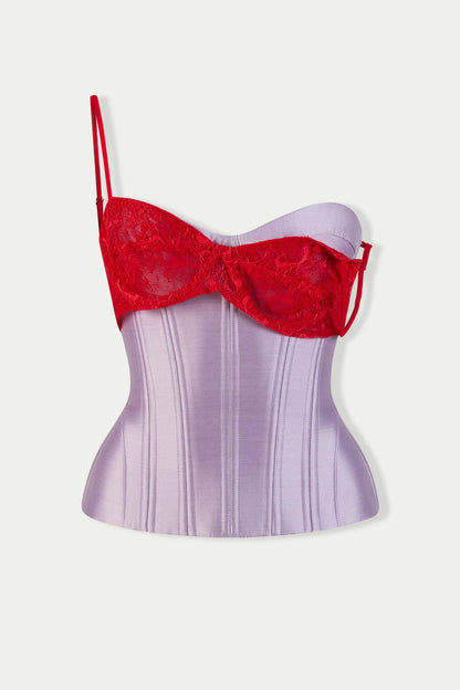 Fancì Club Uncladding Bustier Corset in Purple-Red, close-up of adjustable lace-up back, corset hire Adelaide Australia