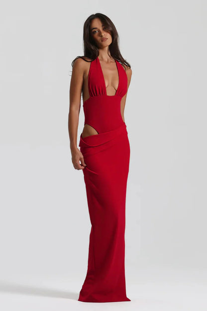 Natalie Rolt Becca Set Bodysuit Top & Maxi Skirt Red