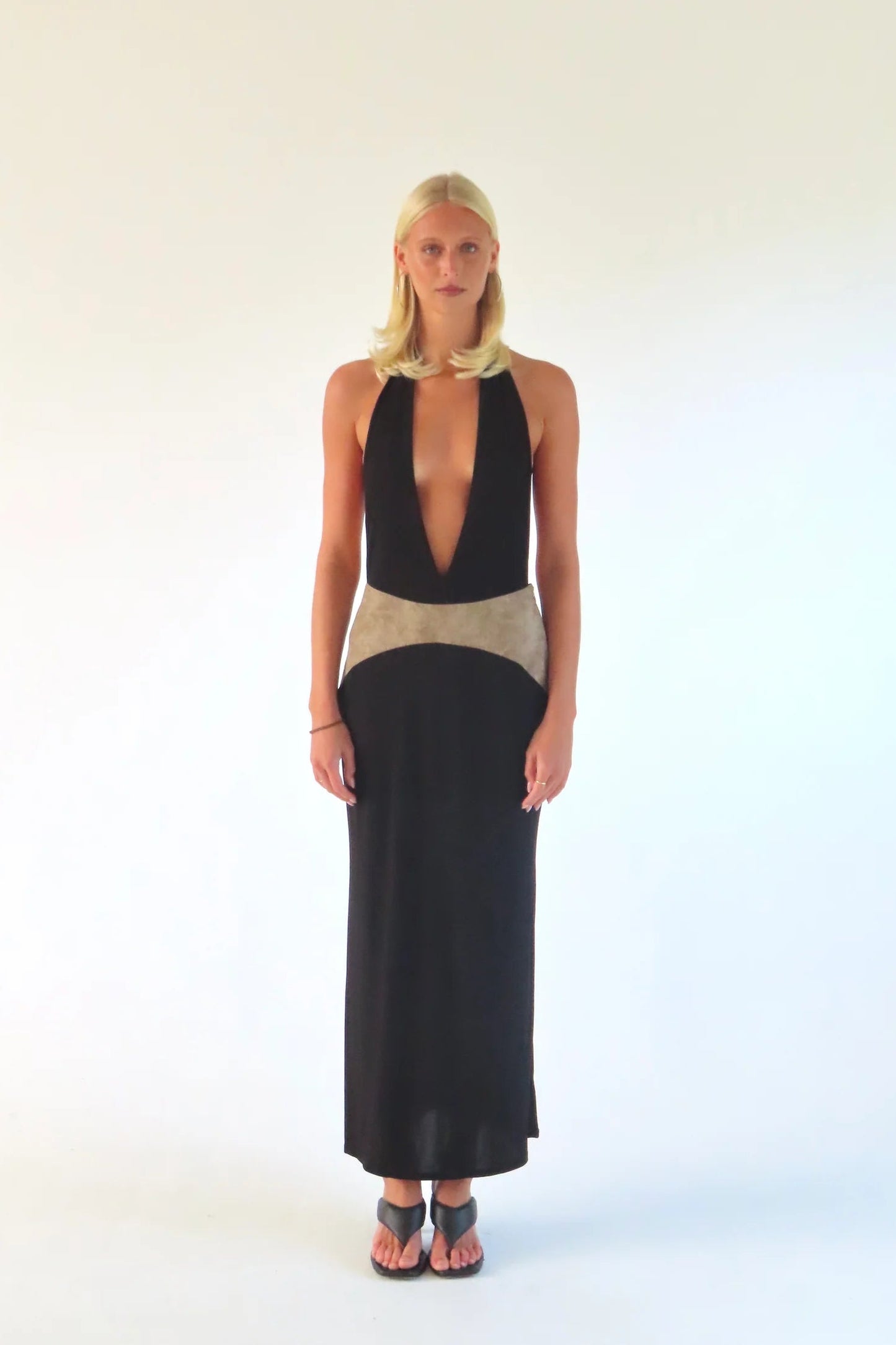 SOLAMUSA Costello Maxi Gown in Ink, front view, designer formal gown hire Adelaide Australia