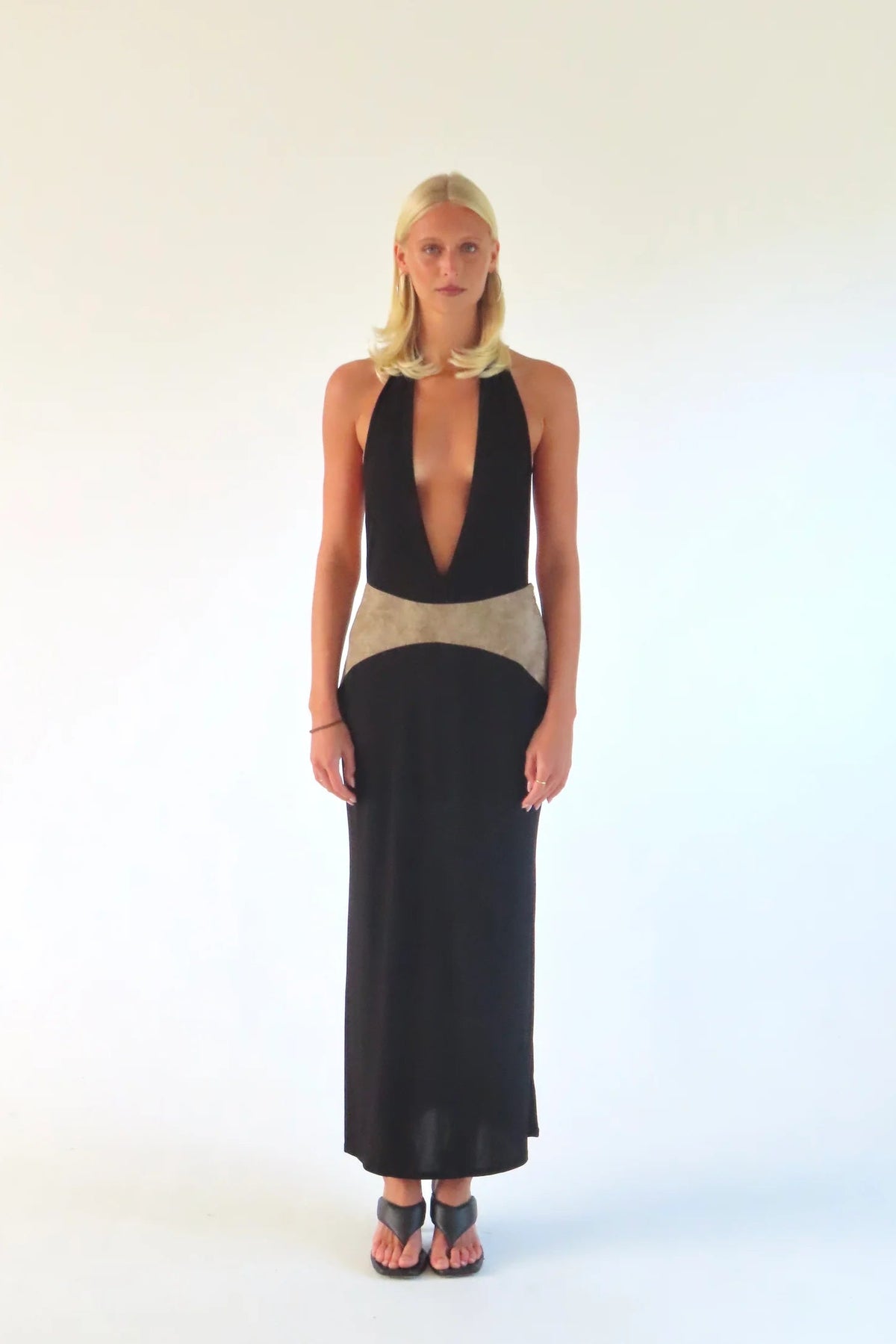 SOLAMUSA Costello Maxi Gown in Ink, front view, designer formal gown hire Adelaide Australia