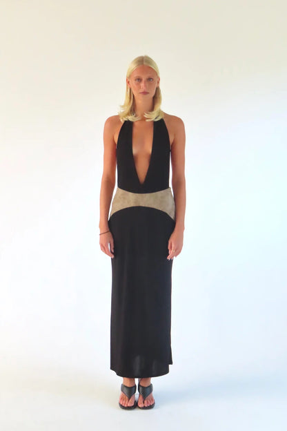 SOLAMUSA Costello Maxi Gown in Ink, front view, designer formal gown hire Adelaide Australia
