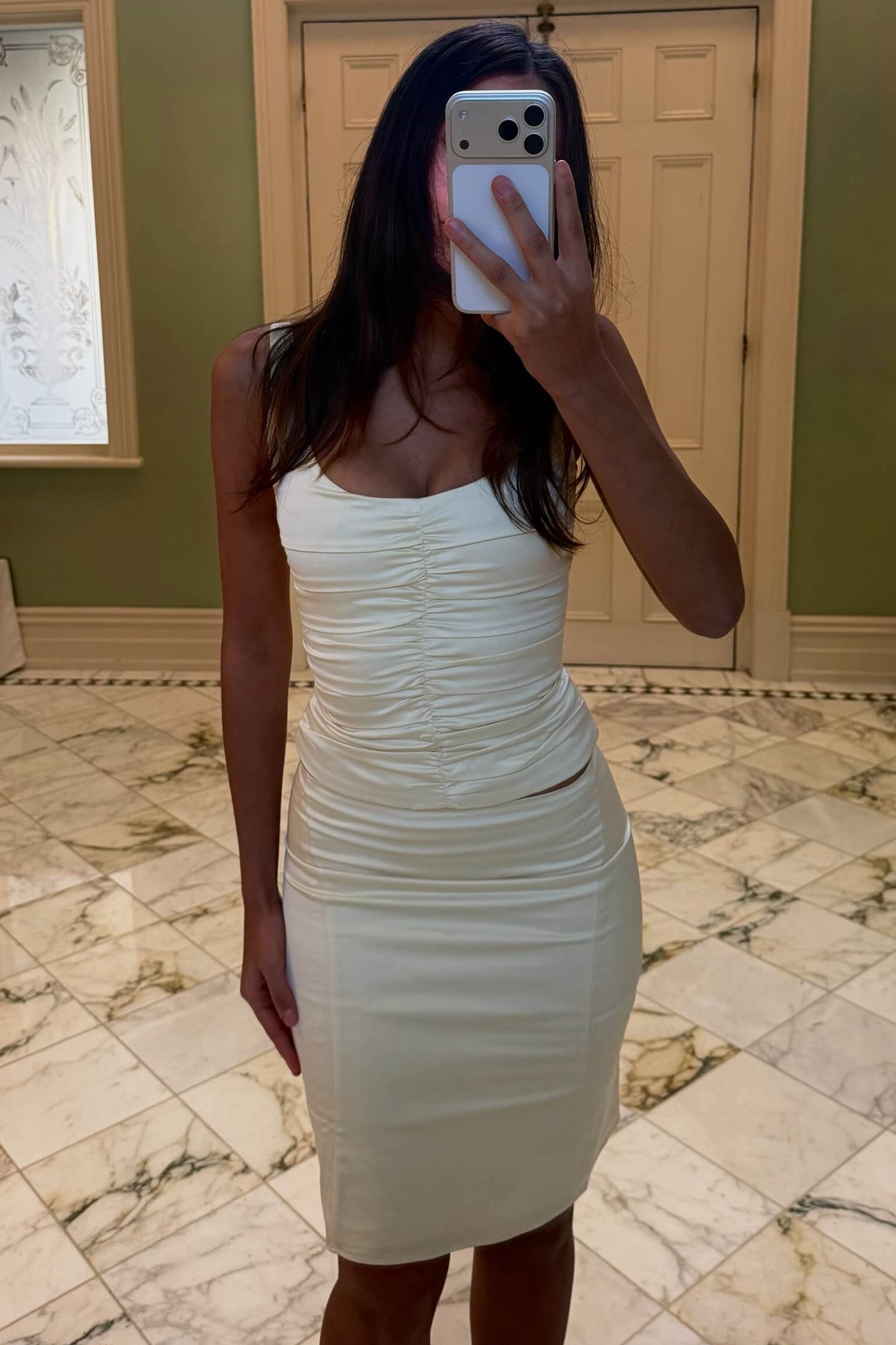 Close-up of the Ance Gria Atlein Midi Set in cream highlighting the bodice, fabric texture and premium detailing