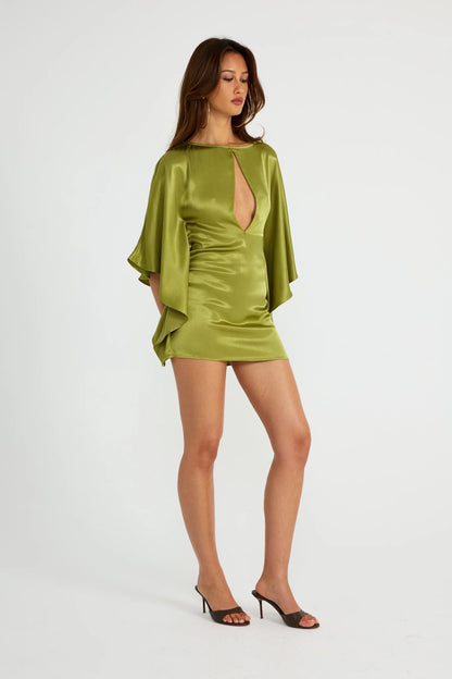 Ance Gria Diana Mini Dress in Vintage Green, alternate front view, satin mini dress hire Adelaide Australia