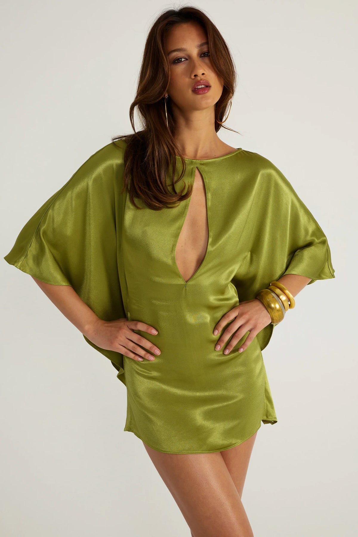 Ance Gria Diana Mini Dress in Vintage Green, third front angle, designer satin mini dress hire Adelaide Australia