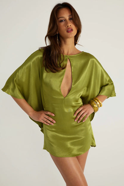 Ance Gria Diana Mini Dress in Vintage Green, third front angle, designer satin mini dress hire Adelaide Australia