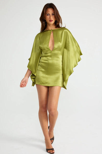 Ance Gria Diana Mini Dress in Vintage Green, fourth front angle showing waist shaping, mini dress hire Adelaide Australia