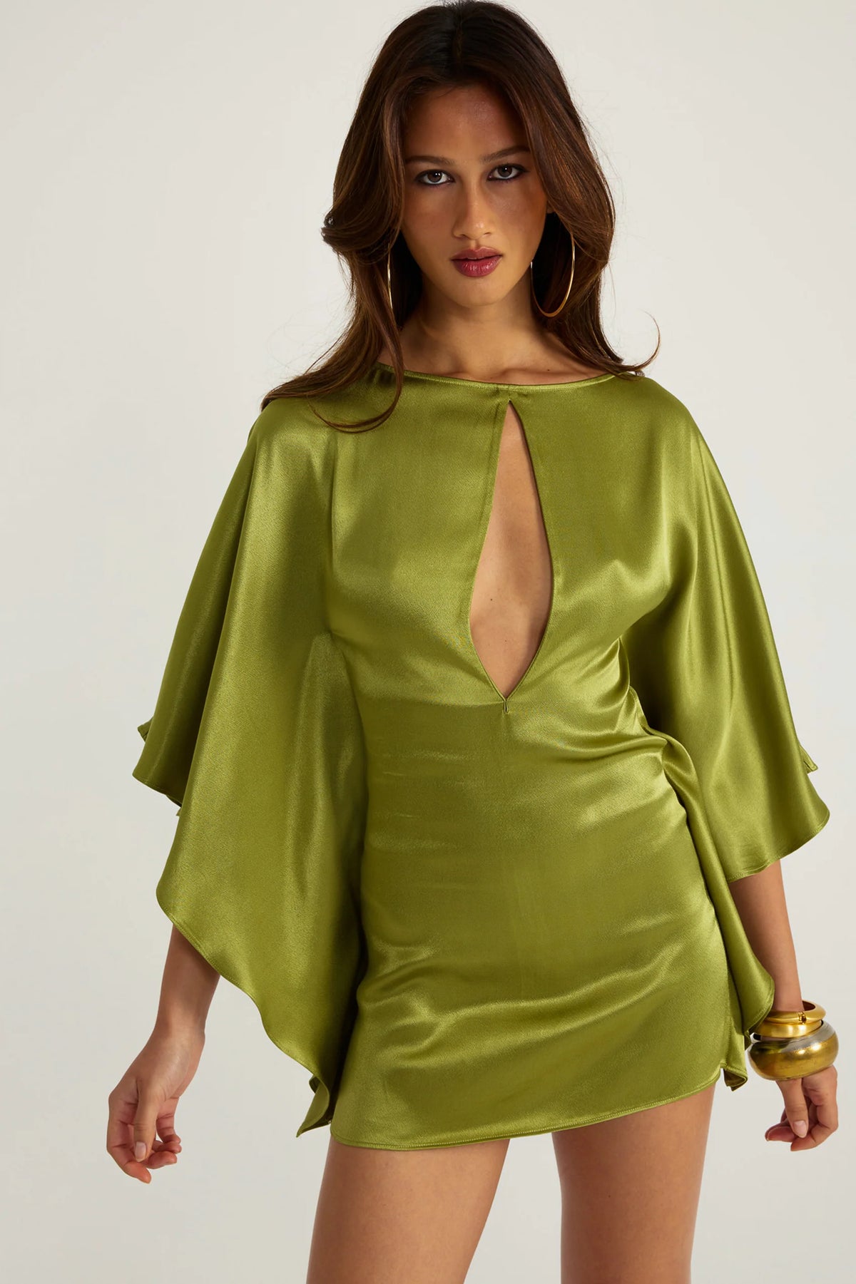 Ance Gria Diana Mini Dress in Vintage Green, front view, designer satin mini dress hire Adelaide Australia