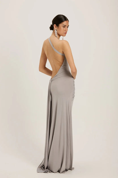 Back view of Ance Gria Gaia Gown in silver grey showing fitted corset structure and clean seam finish