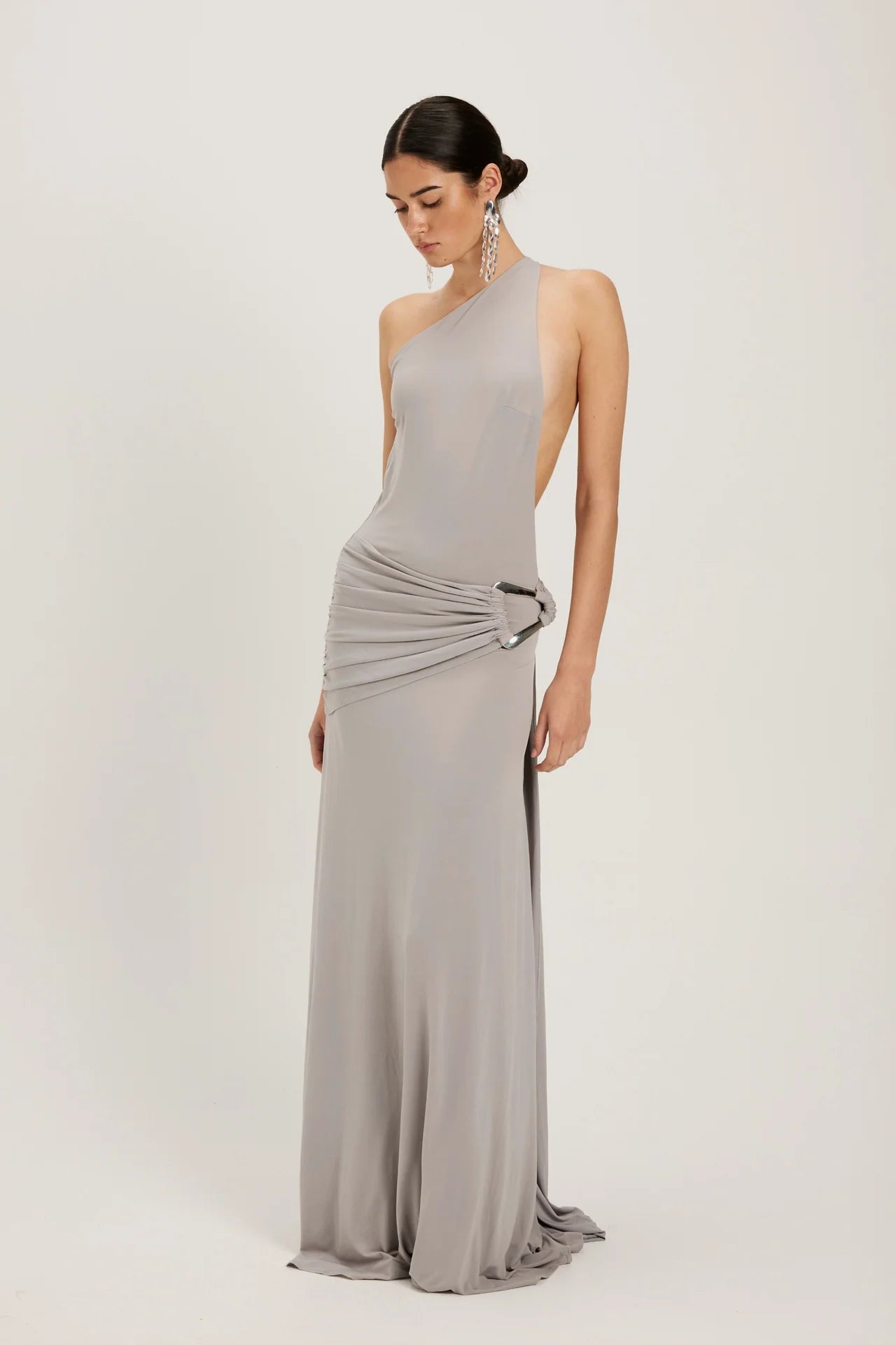Ance Gria Gaia Gown in silver grey featuring strapless corset bodice and elegant floor length fitted silhouette
