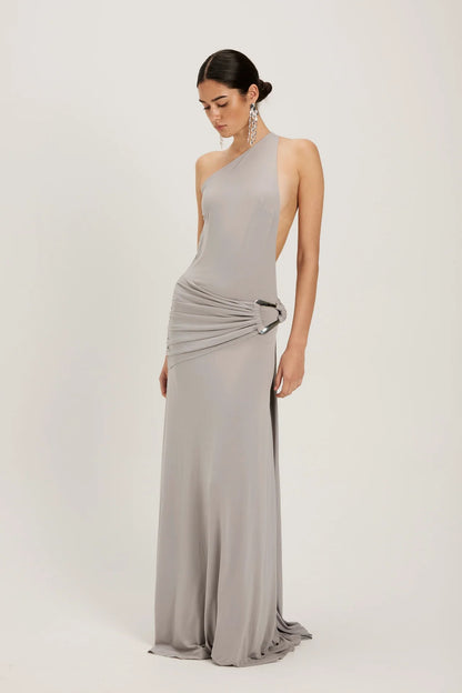 Ance Gria Gaia Gown in silver grey featuring strapless corset bodice and elegant floor length fitted silhouette
