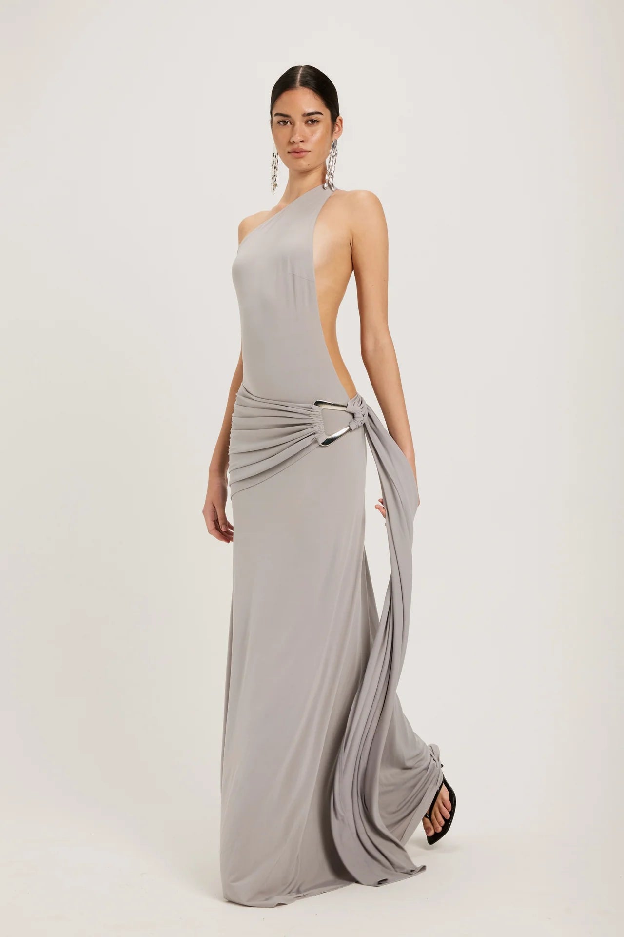 Ance Gria Gaia Gown in silver grey featuring strapless corset bodice and elegant floor length fitted silhouette