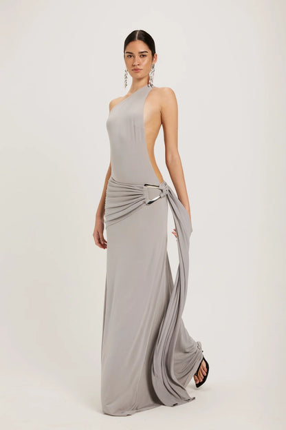 Ance Gria Gaia Gown in silver grey featuring strapless corset bodice and elegant floor length fitted silhouette