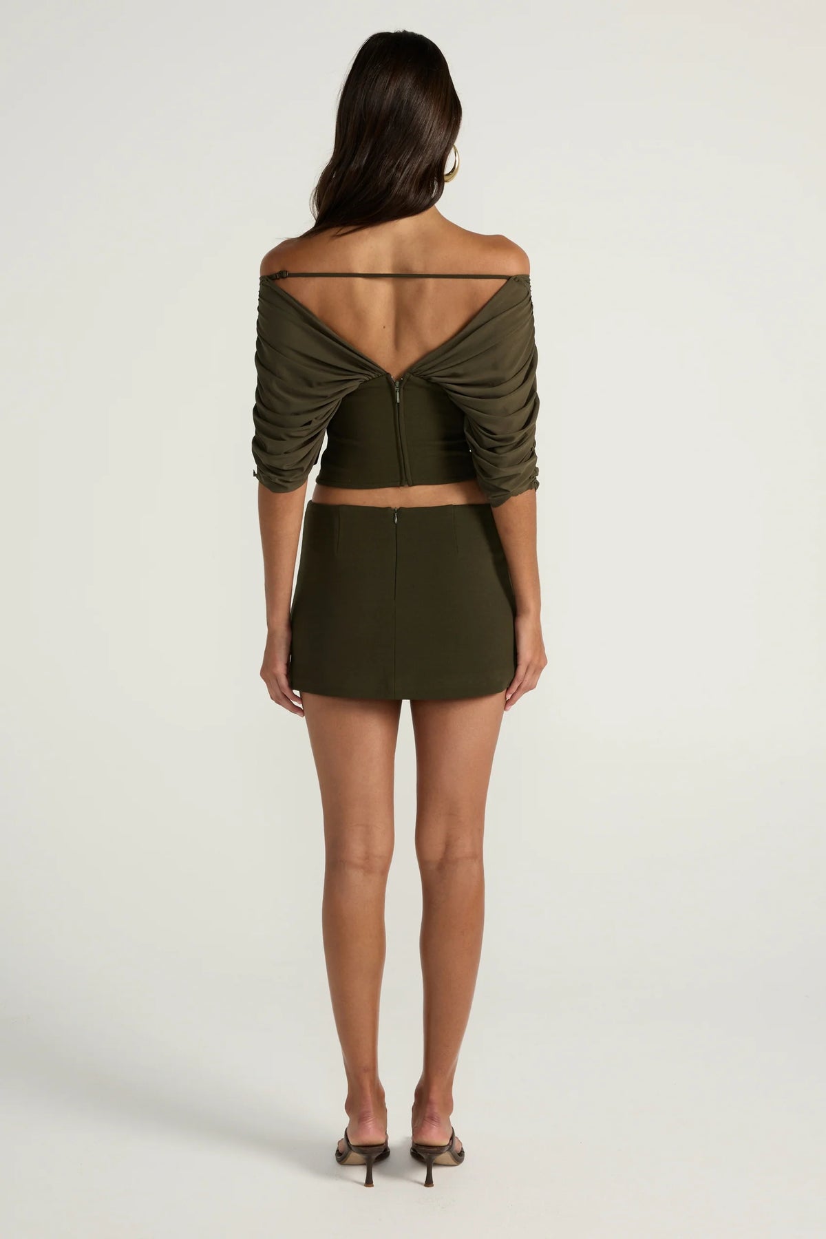 Ance Gria Neve Top & Mini Skirt Set in Olive, back view showing back zip and adjustable strap, set hire Adelaide Australia