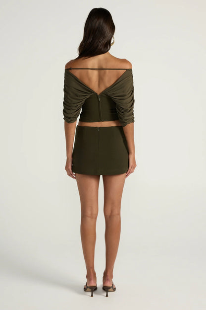 Ance Gria Neve Top & Mini Skirt Set in Olive, back view showing back zip and adjustable strap, set hire Adelaide Australia