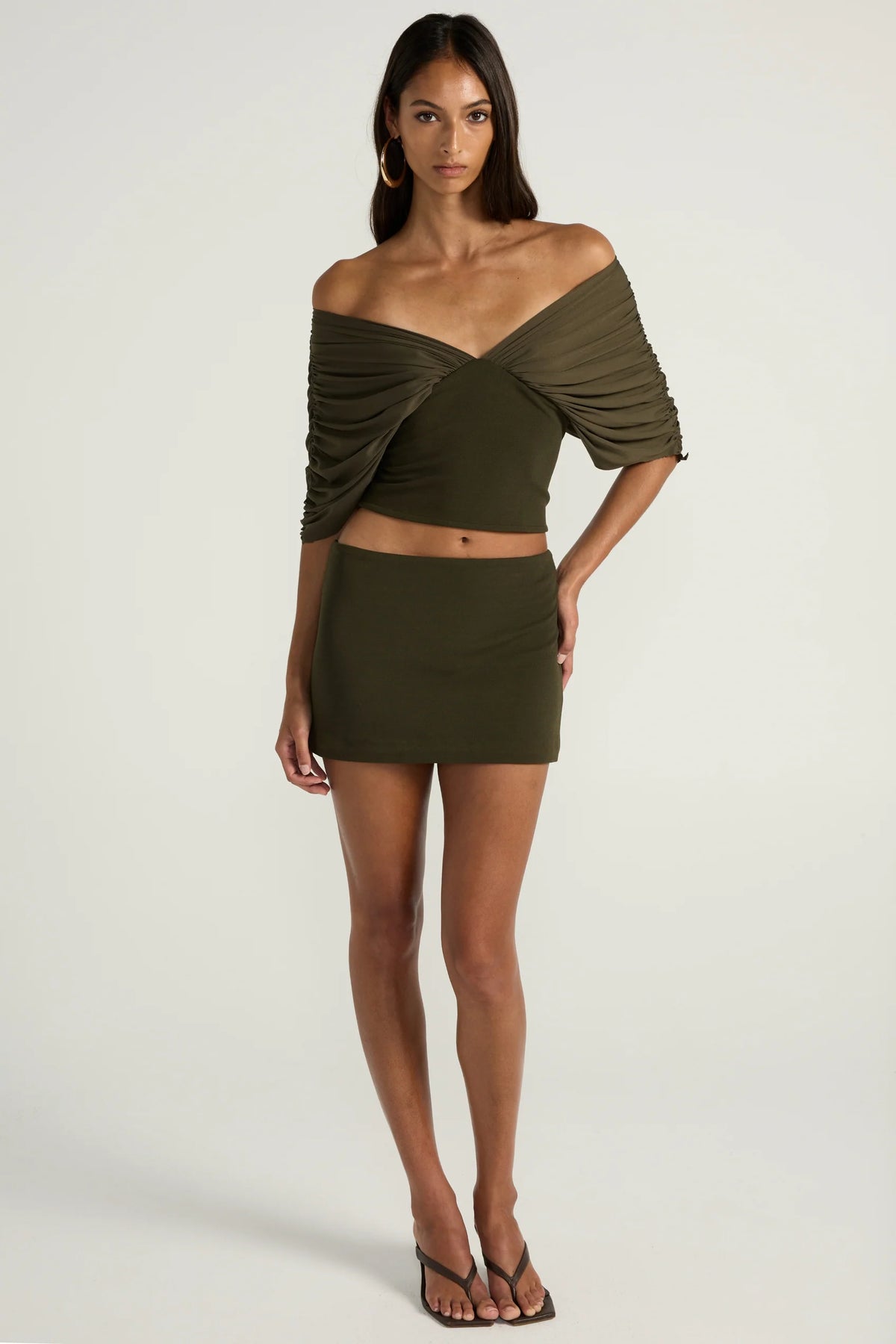 Ance Gria Neve Top & Mini Skirt Set in Olive, front view, designer two-piece set hire Adelaide Australia