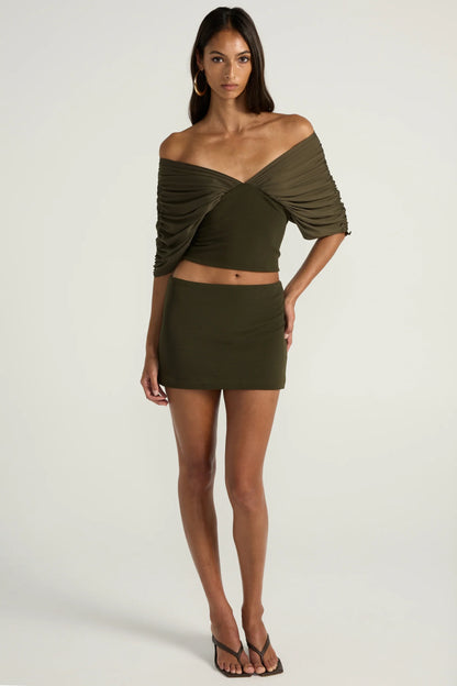 Ance Gria Neve Top & Mini Skirt Set in Olive, front view, designer two-piece set hire Adelaide Australia