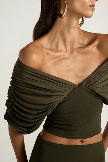 Ance Gria Neve Top in Olive, close-up of gathered draped sleeves, designer top hire Adelaide Australia