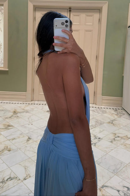 Arcina Ori Santina Maxi Dress in sky blue showcasing the elegant back design and flowing maxi silhouette
