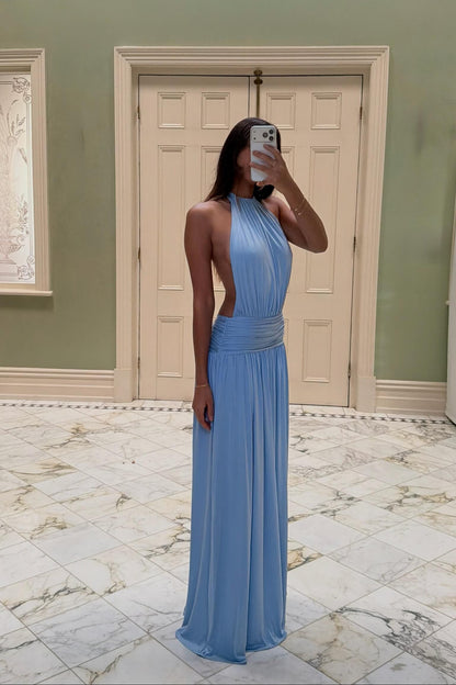Close-up of the Arcina Ori Santina Maxi Dress in sky blue highlighting the neckline, bodice and premium fabric detail