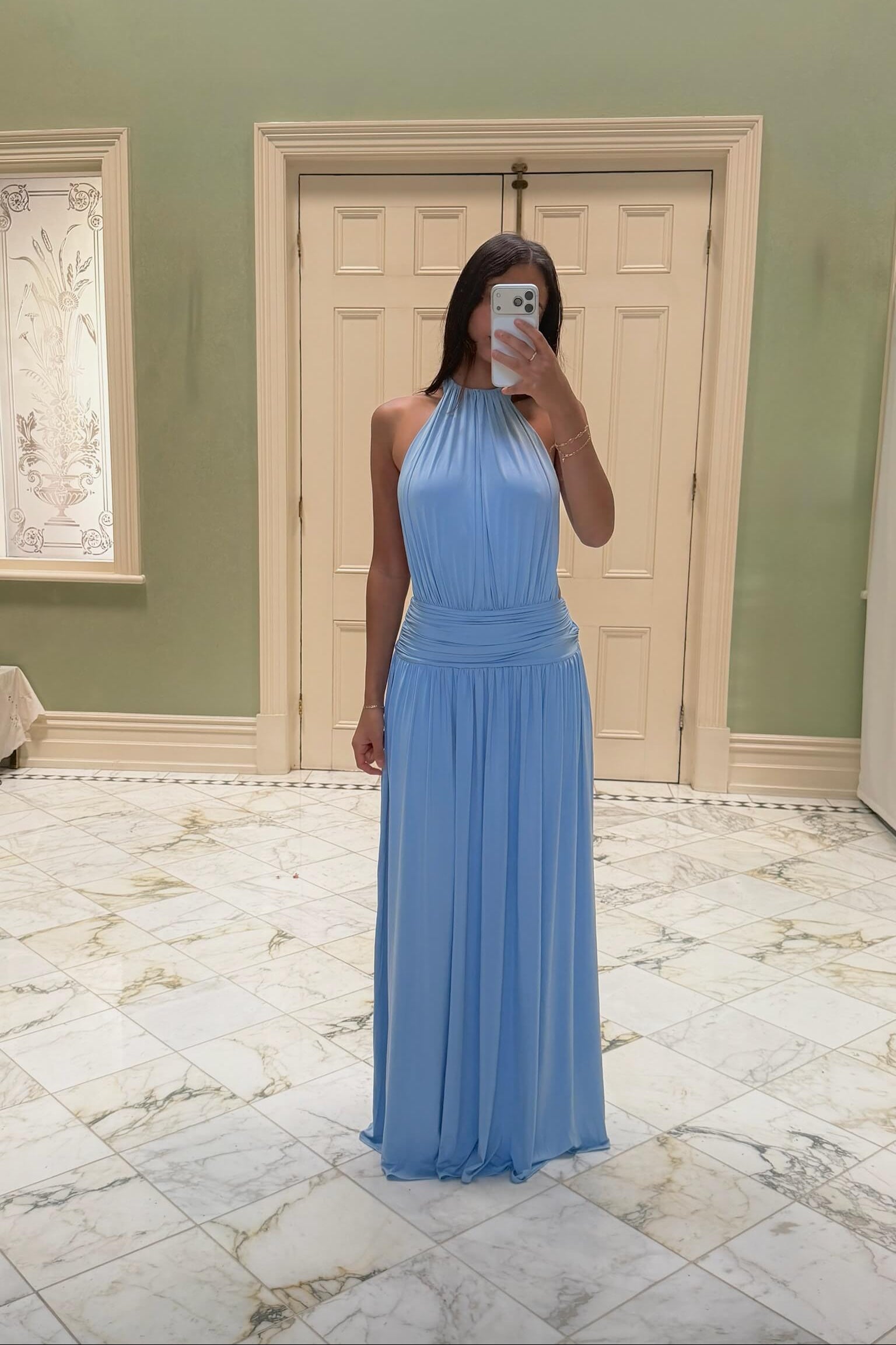 Arcina Ori Santina Maxi Dress in sky blue featuring an elegant full-length silhouette and refined evening design
