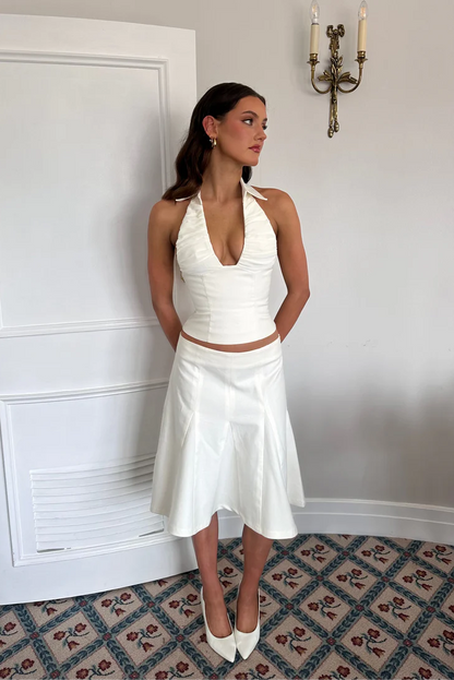 Asa Fields Naomi Set in white featuring structured crop top and matching mini skirt with tailored fitted silhouette