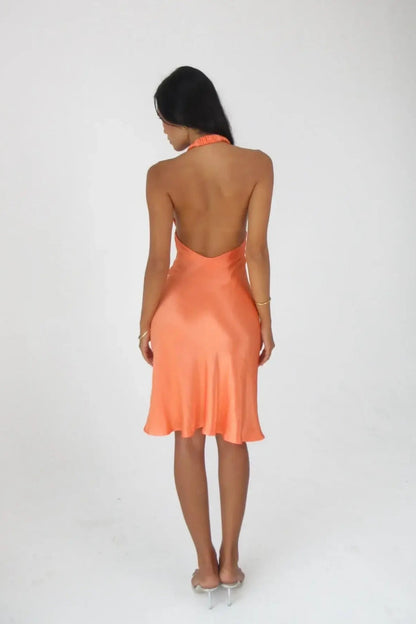 Back view of the Asa Fields Ophelia Papaya open-back dress hire