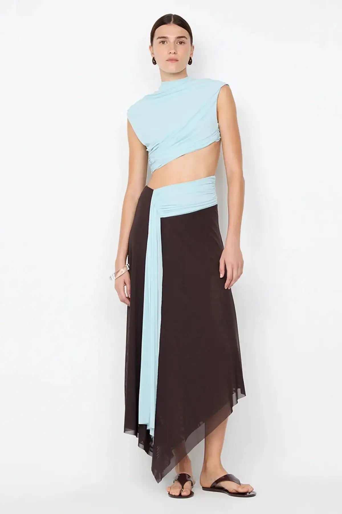 Bec & Bridge Conni Asym Midi Dress in blue and dark chocolate featuring asymmetric neckline, fitted bodice and sleek body skimming midi silhouette