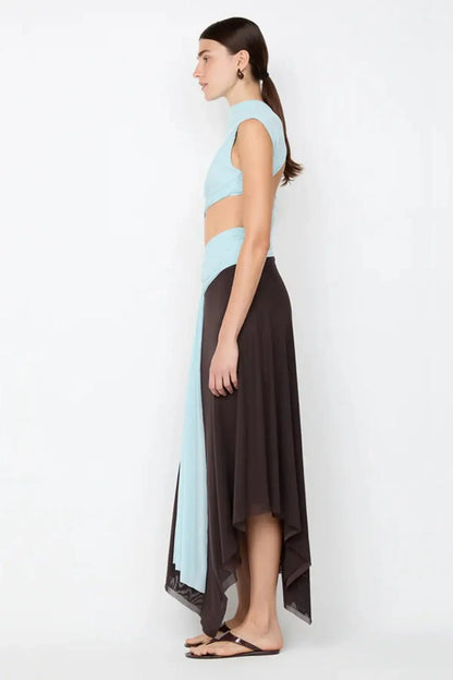 Side view of Bec & Bridge Conni Asym Midi Dress showing fitted silhouette, one shoulder design and elegant midi length hem