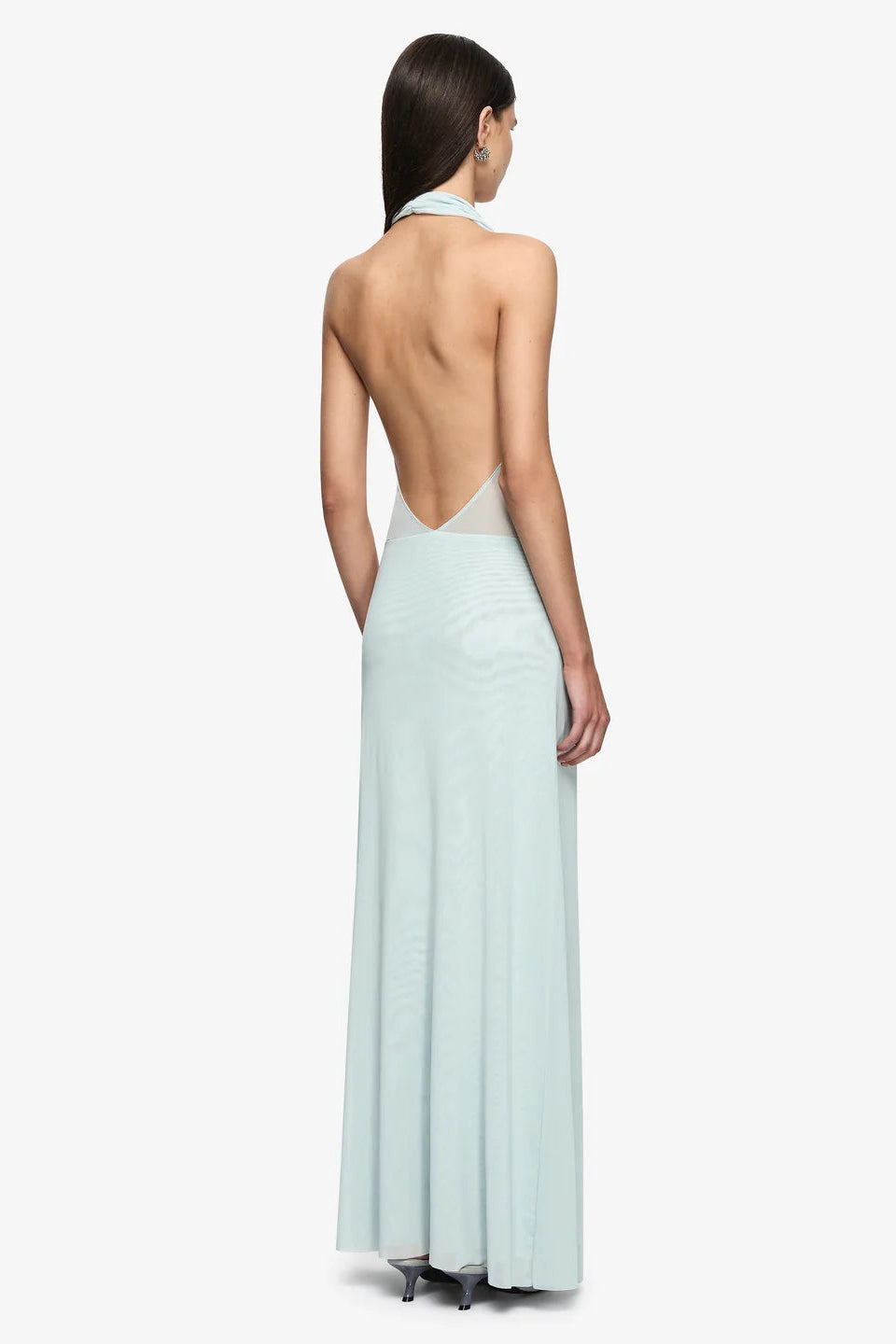 Bec & Bridge Isora Halter Maxi Dress in Mist, back view showing low V back, designer dress hire Adelaide Australia