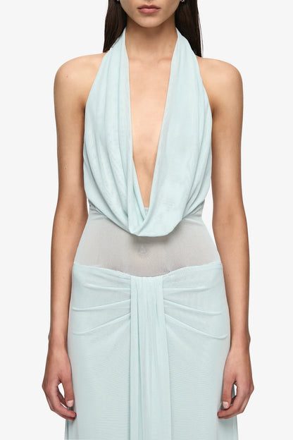 Bec & Bridge Isora Halter Maxi Dress in Mist, alternate front view, formal dress hire Adelaide Australia