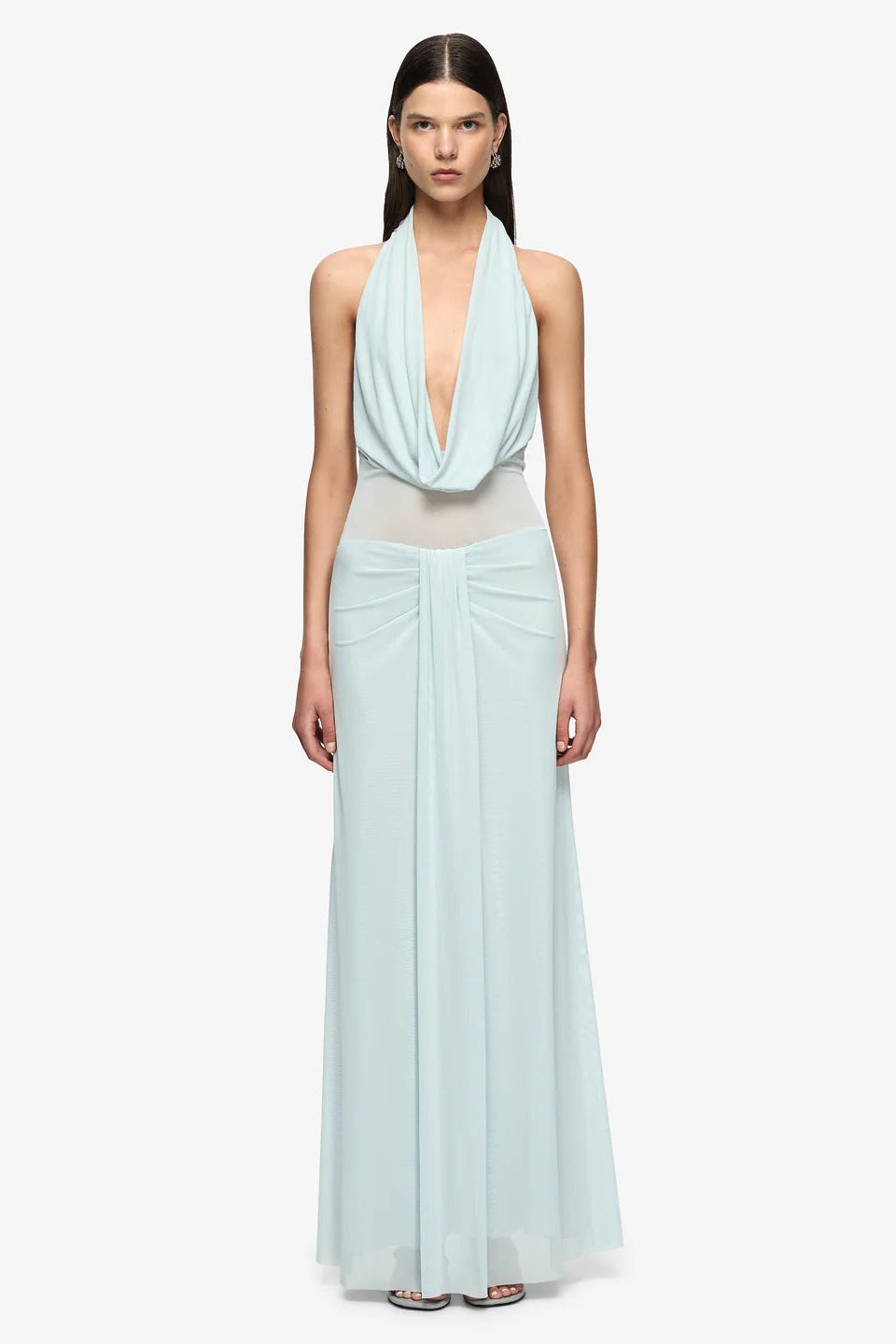 Bec & Bridge Isora Halter Maxi Dress in Mist, styled full-length view, formal dress rental Adelaide Australia