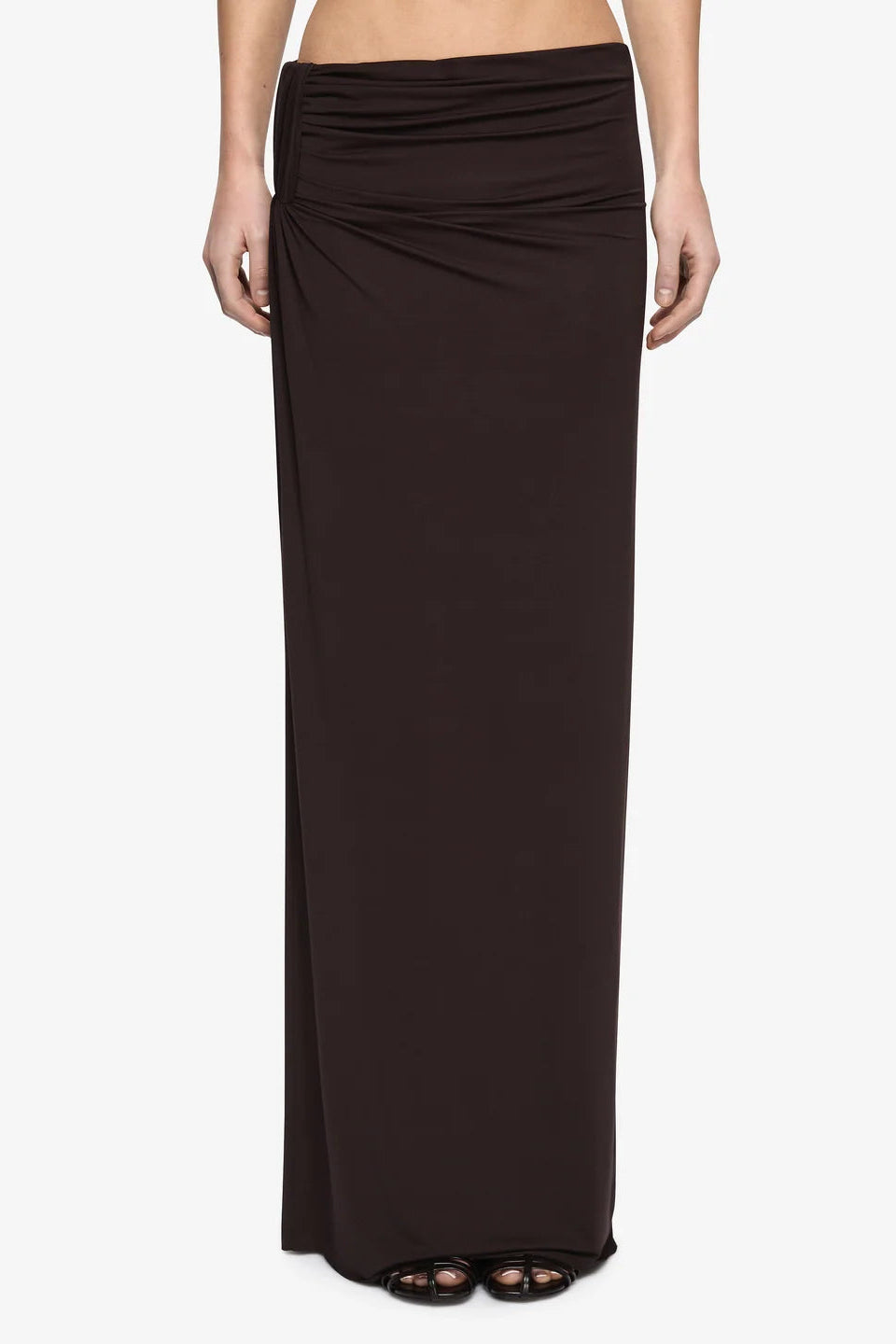 Bec & Bridge Niko Maxi Skirt in Dark Chocolate styled on its own, column maxi skirt hire Adelaide Australia