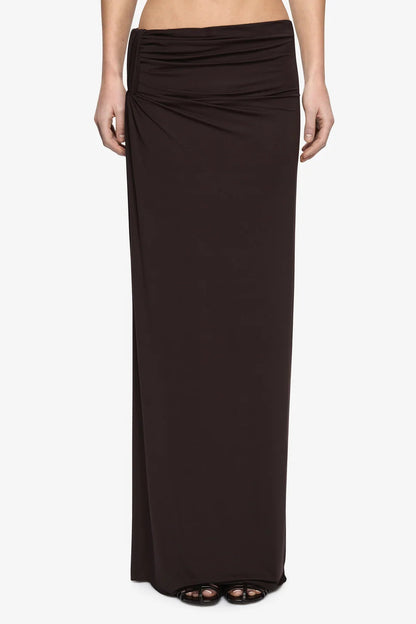 Bec & Bridge Niko Maxi Skirt in Dark Chocolate styled on its own, column maxi skirt hire Adelaide Australia