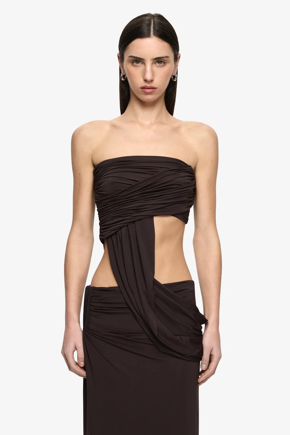 Bec & Bridge Niko Strapless Top in Dark Chocolate styled on its own, designer strapless top hire Adelaide Australia