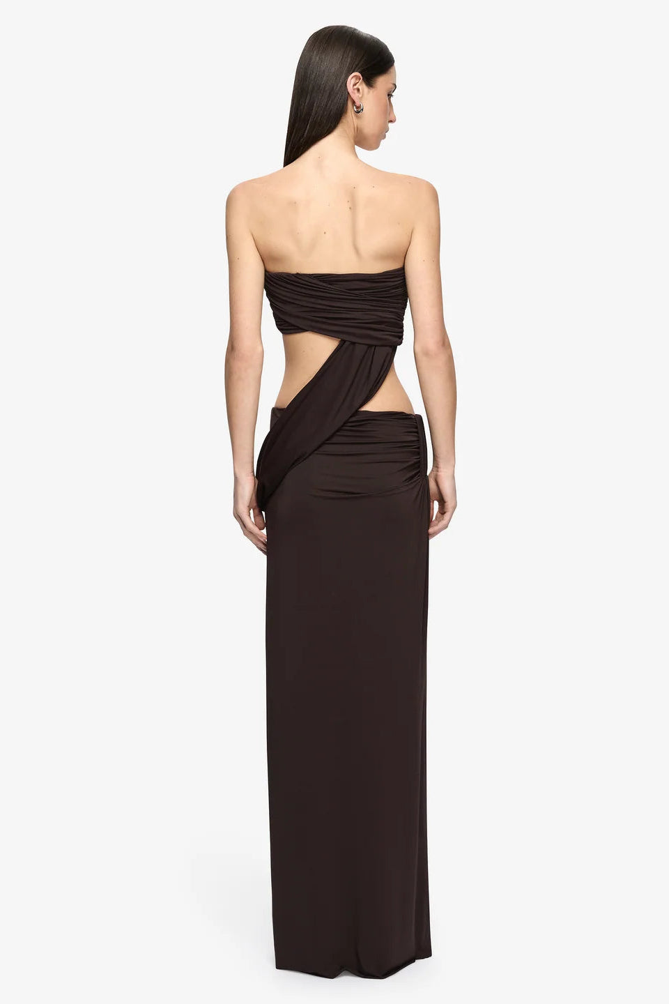 Bec & Bridge Niko Strapless Top & Maxi Skirt Set in Dark Chocolate, back view, designer co-ord hire Adelaide Australia