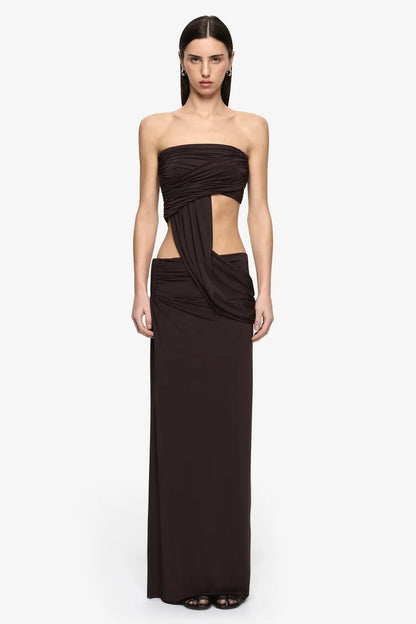 Bec & Bridge Niko Strapless Top & Maxi Skirt Set in Dark Chocolate, front view, designer two-piece set hire Adelaide Australia