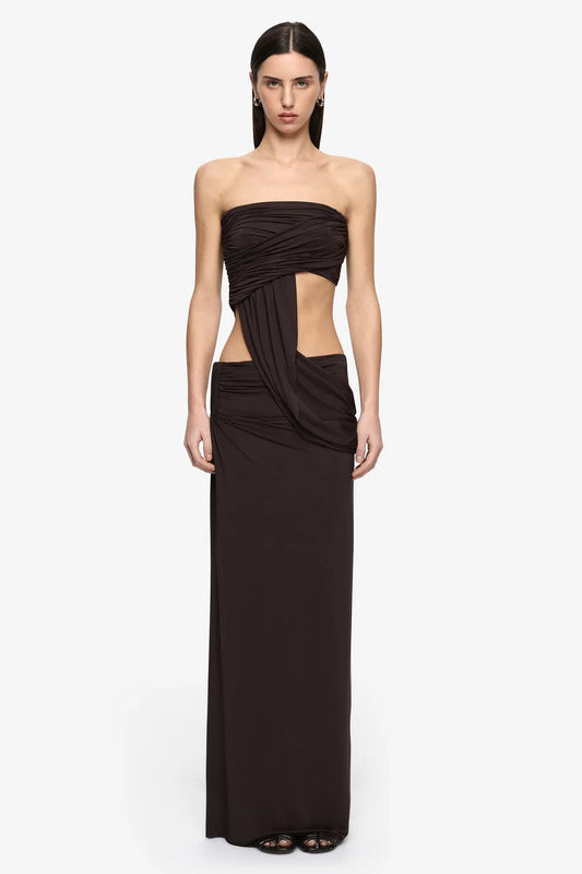 Bec & Bridge Niko Strapless Top & Maxi Skirt Set in Dark Chocolate, front view, designer two-piece set hire Adelaide Australia
