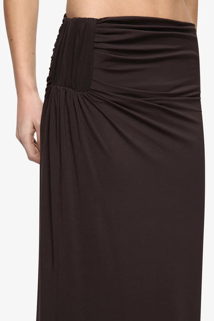 Bec & Bridge Niko Maxi Skirt in Dark Chocolate, close-up of gathered drape at side hem, designer skirt hire Adelaide Australia